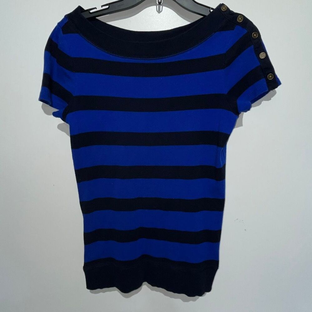 Ralph Lauren Women's Blue Black Striped Shoulder Button Knit‎ Top Blouse Medium